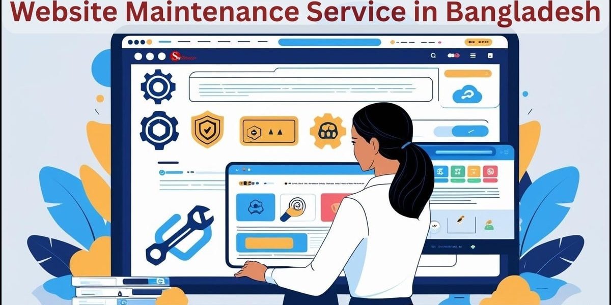 Professional website maintenance illustration featuring gear icons, a tech expert, and cloud tools — symbolizing bug fixes and uptime monitoring in Bangladesh.