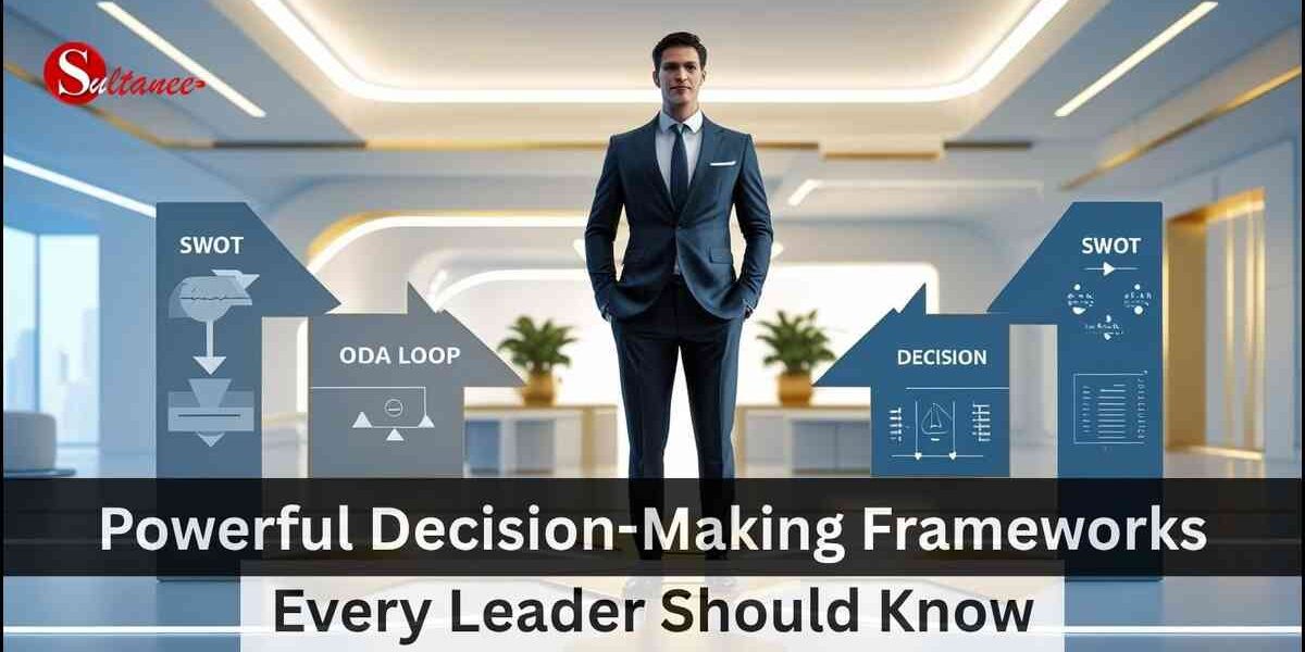 Leadership decision-making frameworks illustration with business strategy icons.